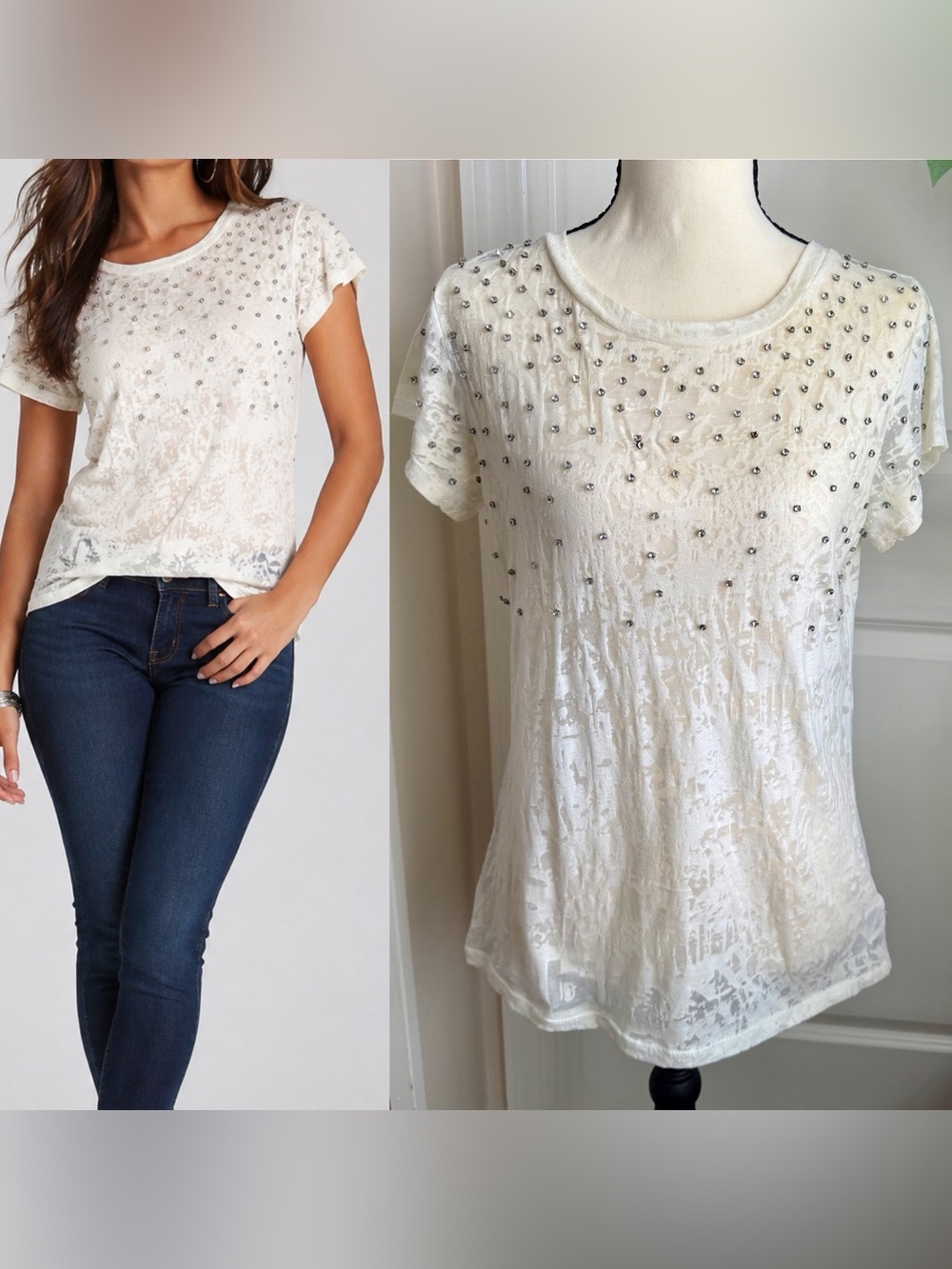 XXI Forever 21 Y2K Burnout Rhinestone Studded Tee Top White Sz S
